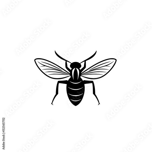 Insect icon set featuring a detailed black and white illustration of a bee with elevated wings