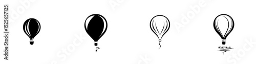 Icon set featuring different styles of hot air balloons in various stages of ascent and descent
