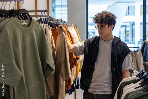 Teen boy choosing stylish t-shirt in clothing store. Young customer shopping trendy casual wear at fashion retail shop. Boy shopping alone in urban fashion shop. Copyspace 