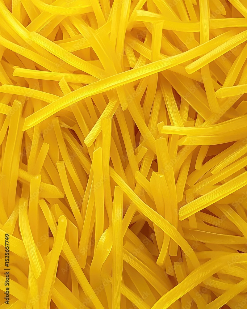 A close-up shot of a pile of long, thin, bright yellow pasta strands, filling the entire frame A close-up shot of a pile of long, thin, bright yellow pasta strands, filling the entire frame