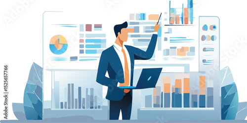 Businessman analyzes profitability of working companies with digital augmented reality graphics, positive indicators, businessman calculates financial data for long-term investments.