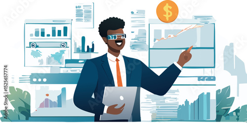 Businessman analyzes profitability of working companies with digital augmented reality graphics, positive indicators, businessman calculates financial data for long-term investments.