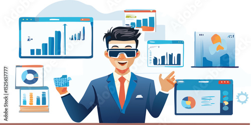 Businessman analyzes profitability of working companies with digital augmented reality graphics, positive indicators, businessman calculates financial data for long-term investments.