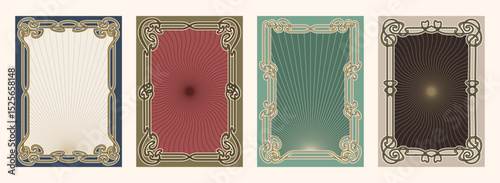 Collection of vintage Art Nouveau frames with radiant sunburst backgrounds, decorative floral borders, and retro color tones. Perfect for labels, cards, or prints