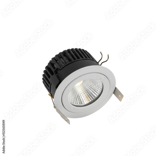 Pristine, new gimbal recessed lighting trim with an adjustable inner ring, displayed with precise detailing on a transparent seamless studio background, bright even illumination from a slightly