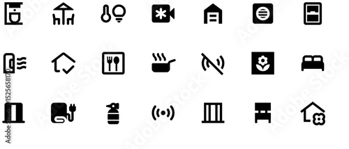Set of elegant black vector home system icons with subtle gradients on white background, sized 24x36px in a uniform grid, clean lines, 50% grey tone.