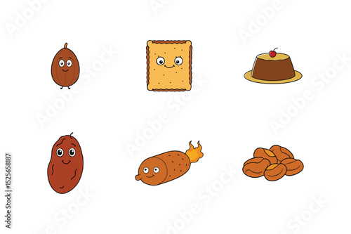 Christmas cartoon holiday dessert set with biscuit pudding sausage nutmeg Line Art Vector illustration