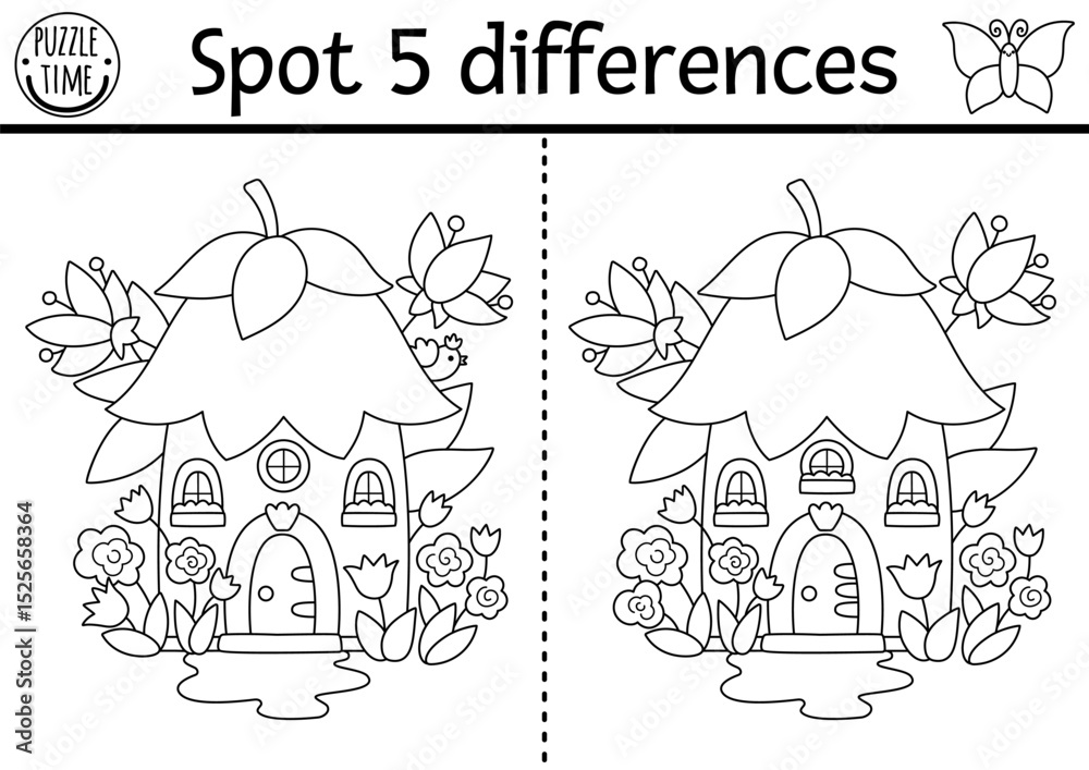 Fototapeta premium Black and white find differences game. Fairyland educational activity with flower fairy house. Magic forest puzzle for kid. Fairytale line printable worksheet, coloring page with fantasy home