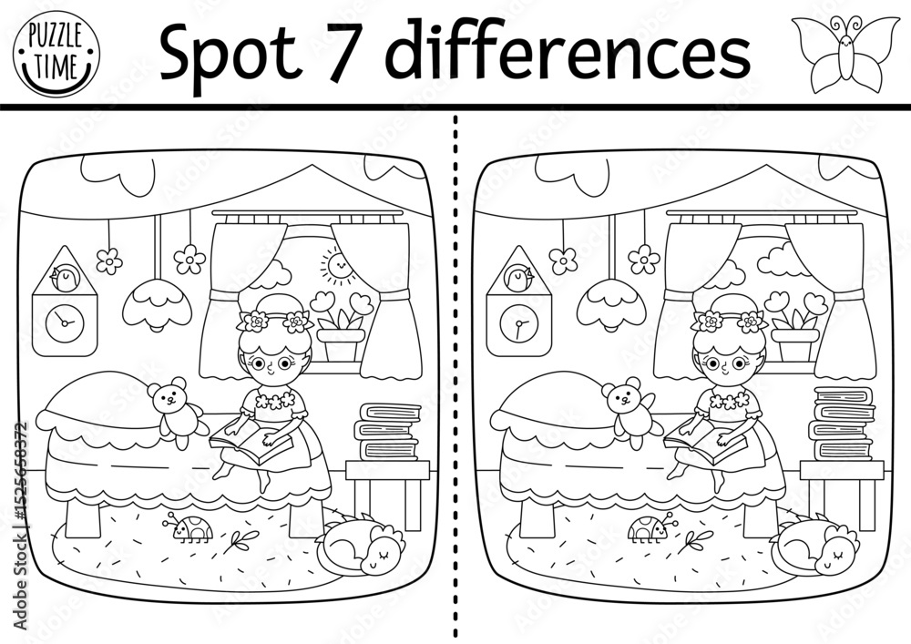 Fototapeta premium Black and white find differences game. Fairyland educational activity. Landscape with flower fairy reading in cozy bedroom in tree house. Magic forest coloring page or puzzle for kids