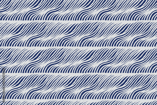 Abstract waves and ripples brush lines seamless pattern, Japanese folk and ethnic hand drawn, block print flowing water texture background in white and blue