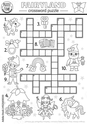 Vector black and white fairyland crossword puzzle for kids. Quiz with fairy, elf, dragon, unicorn, dwarf, rainbow. Cute woodland educational cross word coloring activity page with magic creature