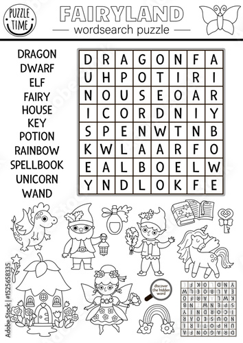 Vector black and white fairyland wordsearch puzzle for kid. Word search quiz with fairy, elf, dragon, unicorn, dwarf. Woodland educational cross word coloring activity page with magic creature