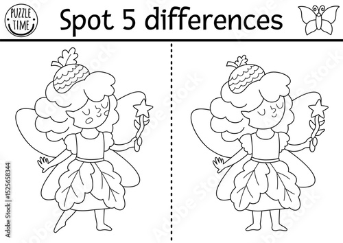 Black and white find differences game for children. Fairyland educational activity with acorn fairy. Magic forest line puzzle for kids. Fairytale printable worksheet, coloring page with fantasy girl