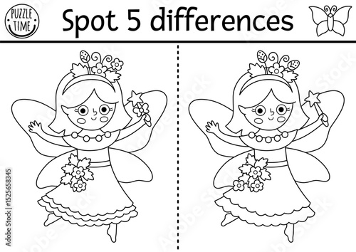 Black and white find differences game for children. Fairyland educational activity with berry fairy. Magic forest puzzle for kids. Fairytale line printable worksheet, coloring page with fantasy girl