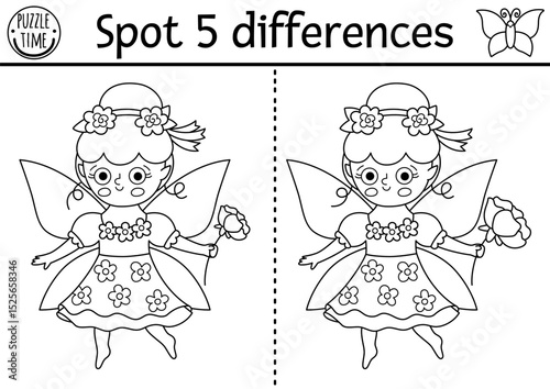 Black and white find differences game. Fairyland educational activity with flower fairy. Magic forest puzzle for kids. Fairytale line printable worksheet, coloring page with fantasy girl