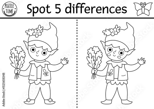Black and white find differences game for children. Fairyland educational activity with elf. Magic forest puzzle for kid. Fairytale line printable worksheet, coloring page with dwarf, leprechaun boy