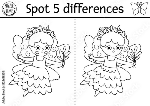 Black and white find differences game. Fairyland educational activity with swamp fairy. Magic forest puzzle for kids. Fairytale line printable worksheet, coloring page with fantasy girl, reed bouquet