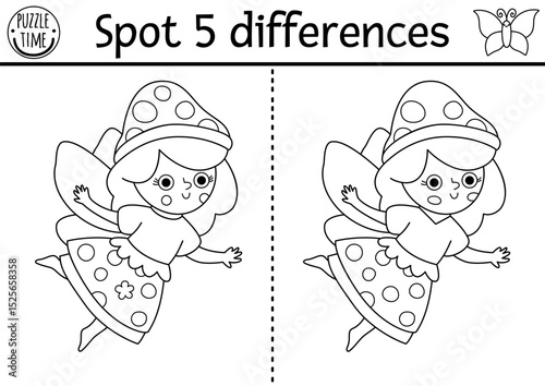Black and white find differences game. Fairyland educational activity with flower fairy. Magic forest puzzle for kids. Fairytale line printable worksheet, coloring page with fantasy girl