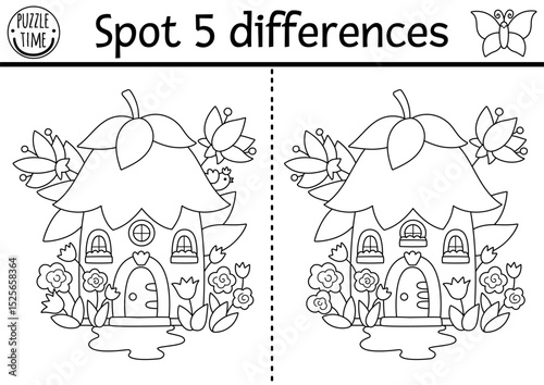 Black and white find differences game. Fairyland educational activity with flower fairy house. Magic forest puzzle for kid. Fairytale line printable worksheet, coloring page with fantasy home