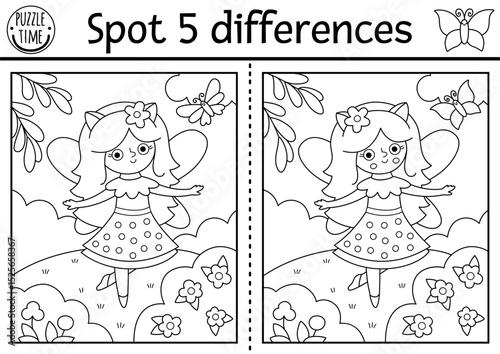 Black and white find differences game. Fairyland educational activity with fairy on meadow. Magic forest puzzle for kids. Fairytale line printable worksheet, coloring page with fantasy girl