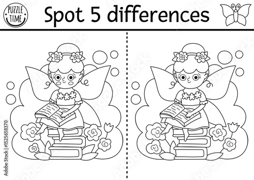 Black and white find differences game. Fairyland educational activity with flower fairy reading sitting on a book pile. Magic forest puzzle for kids. Fairytale printable worksheet, coloring page