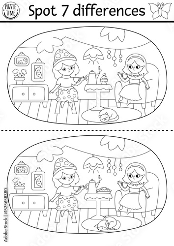 Black and white find differences game. Fairyland educational activity. Landscape with fairies drinking tea in room in tree house. Magic forest line puzzle for kids. Fairytale printable coloring page