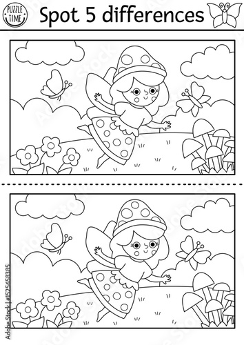 Black and white find differences game. Fairyland educational activity with landscape with mushroom fairy on meadow. Magic forest puzzle for kids. Fairytale printable worksheet, coloring page