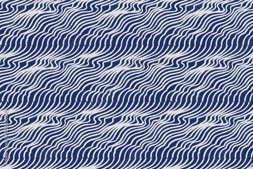 Abstract waves and ripples brush lines seamless pattern, Japanese folk and ethnic hand drawn, block print flowing water texture background in white and blue