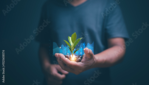 Businessman holding tree growing from pile of coins with financial graph. Growth saving and investment concept. CSR. sustainable development. Business with environmental concern. Saving money.