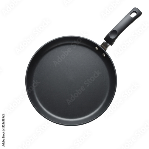 Brand-new, modern crepe pan with a dark non-stick surface, low flared rim, and ergonomic heat-resistant handle, perfectly clean on a pristine transparent seamless background, diffused studio lighting.