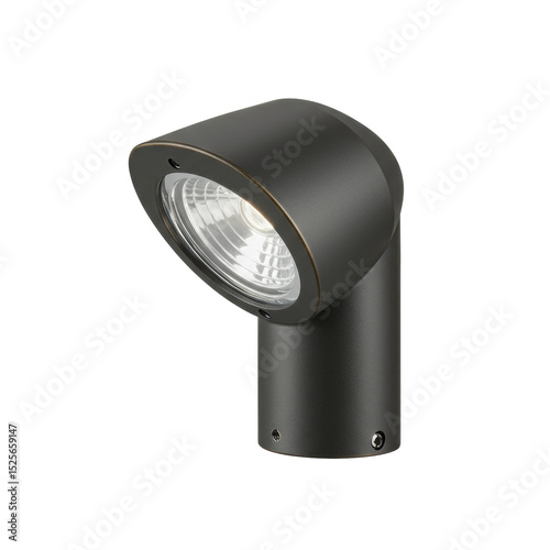 meticulously detailed low voltage landscape path light head, dark matte metal, sleek cylindrical design, clear lens for downward illumination, pristine. Isolated against a transparent studio