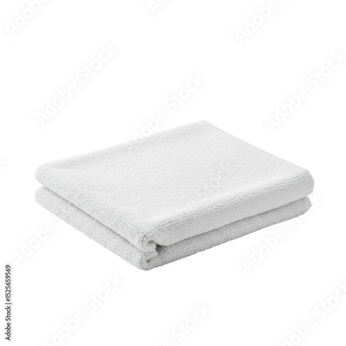 A single, neatly folded white microfiber dish towel, full form and subtle texture, on a transparent seamless studio backdrop with bright, soft, shadowless lighting, slightly high-angle shot,