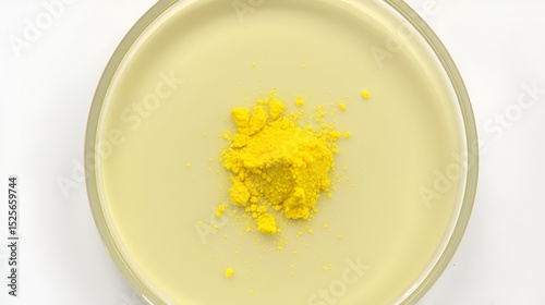 Tartrazine powder in Petri dish. Synthetic lemon yellow azo dye. It serves as dye for wool and silks, colorant in food, drugs and cosmetics. Food additive. E102 labelled as CI 19140 or FD&C Yellow 5