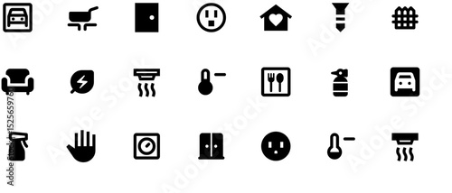 Black and white icons of home energy equipment including light bulbs, water droplets, electric lights, and heating controls, arranged in rows on a plain background.