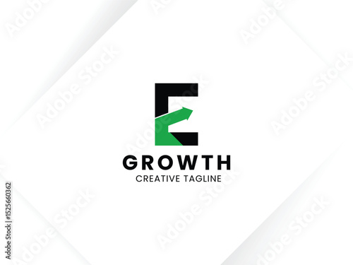 Letter E growth logo design with arrow up symbol and icon. Invest and financial logo