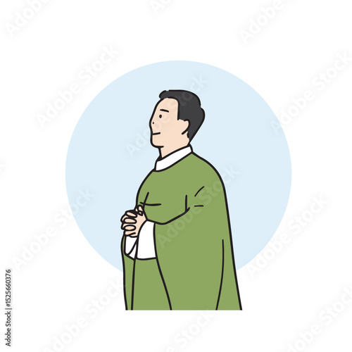 A priest holding a Mass in the cathedral. The priest is wearing a light green bridal suit. Hand-painted vector design elements