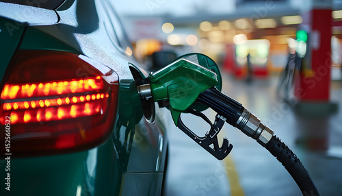 Close-up of fuel pump nozzle refilling car at gas station. Fuel nozzle inserted into vehicle tank. Gasoline filling process. Energy industry, rising photo