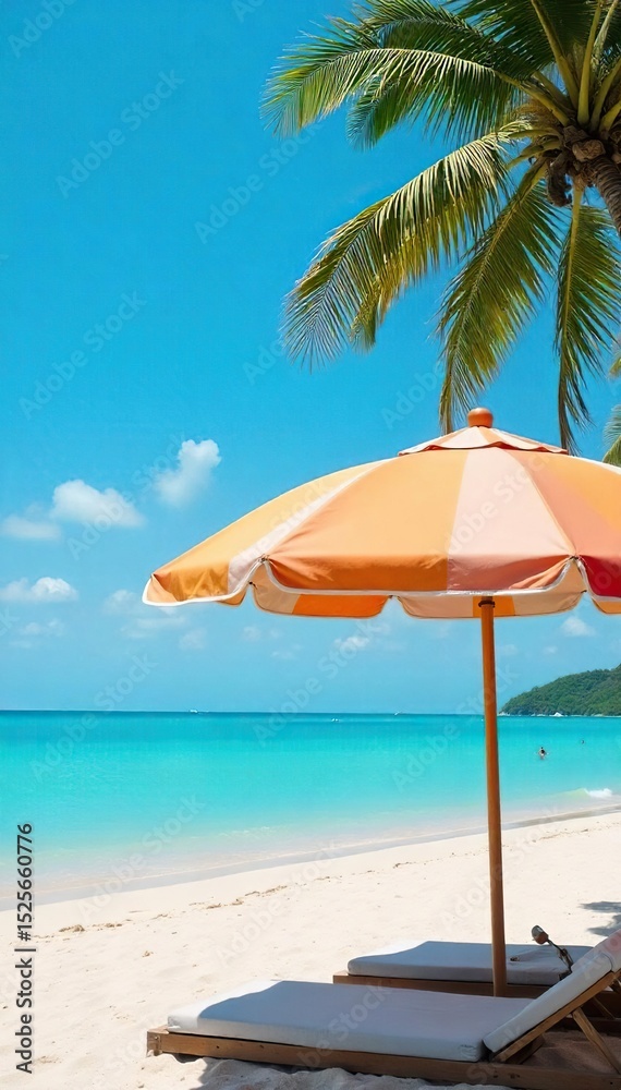 Fototapeta premium Vibrant striped umbrella providing shade on a sunny beach, offering a tranquil escape from the heat Perfect for summer vacation themes, travel, and relaxation imagery , heat, canvas, paradise