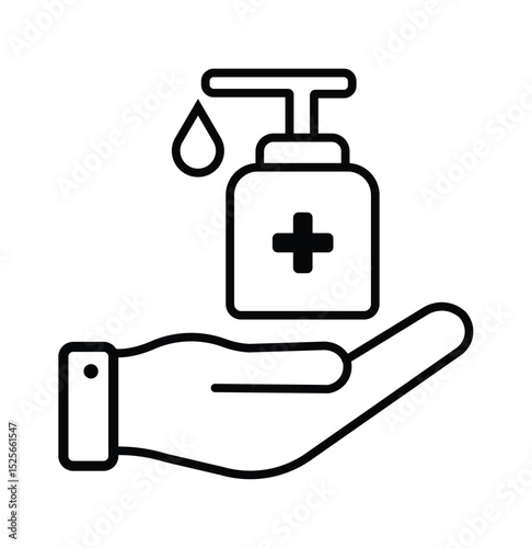 Clean line drawing of a hand holding medical plus-labeled hand sanitizer bottle, with a drop dispensing. Minimalist hygiene concept.