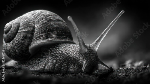 Monochrome majesty, snail exploration under darkness with textured shell