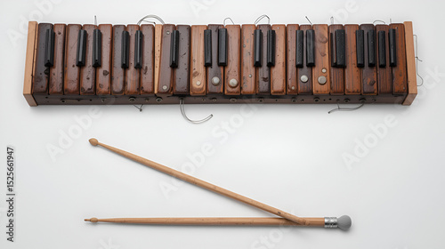 vibraphone and drumsticks isolated on white background flay lay