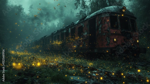 Decayed train carriage overgrown in a mystical forest under twilight ambience