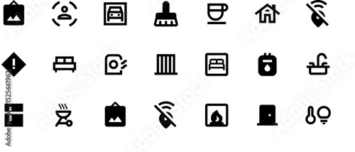 Minimalist black vector icons for home and energy themes, including light switch, keyhole, washing machine, coffee cup, bedside lamp, and more on white background.