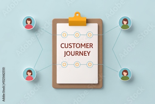 3D illustration of a clipboard showcasing a customer journey concept for business analysis. Concept of  CRM Strategy for Customer Engagement and Conversion Growth.