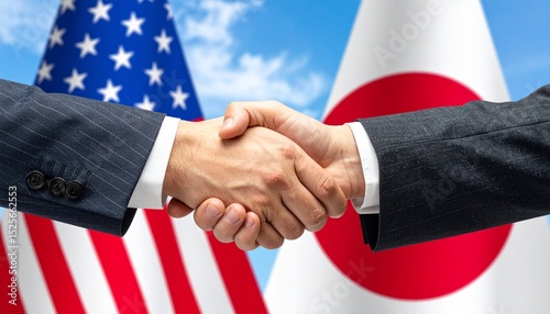 Handshake between two countries: United States and Japan. A symbol of collaboration and agreement, with flags of the USA and Japan in the background