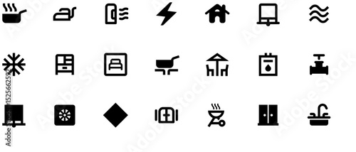 Black and white vector icons set featuring lightning bolts, houses, X squares, arrows, water drops, letters, and rounded square with lines, 2D style on white background