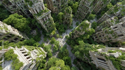 Aerial view of a post-apocalyptic city with buildings overgrown by nature