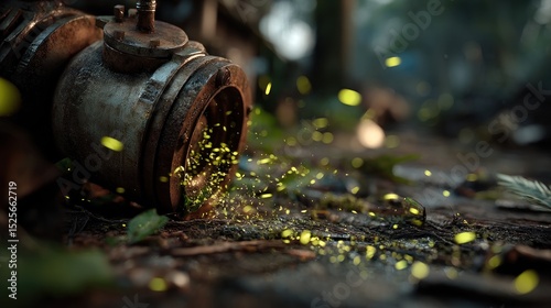 Mystical luminosity: Enchanting fireflies swirling around weathered industrial artifact