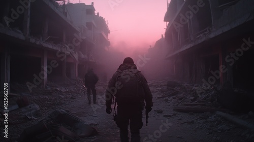 Gloomy journey amidst the ruins: A desolate cityscape shrouded in mist