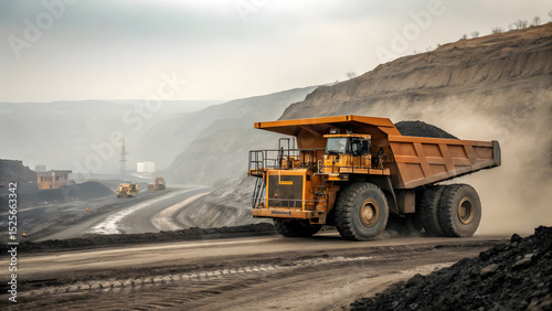A colossal orange mining dump truck (like a Caterpillar 797F) dominates the frame, its 13-foot tires caked with black coal dust as it rumbles through an open-pit coal mine